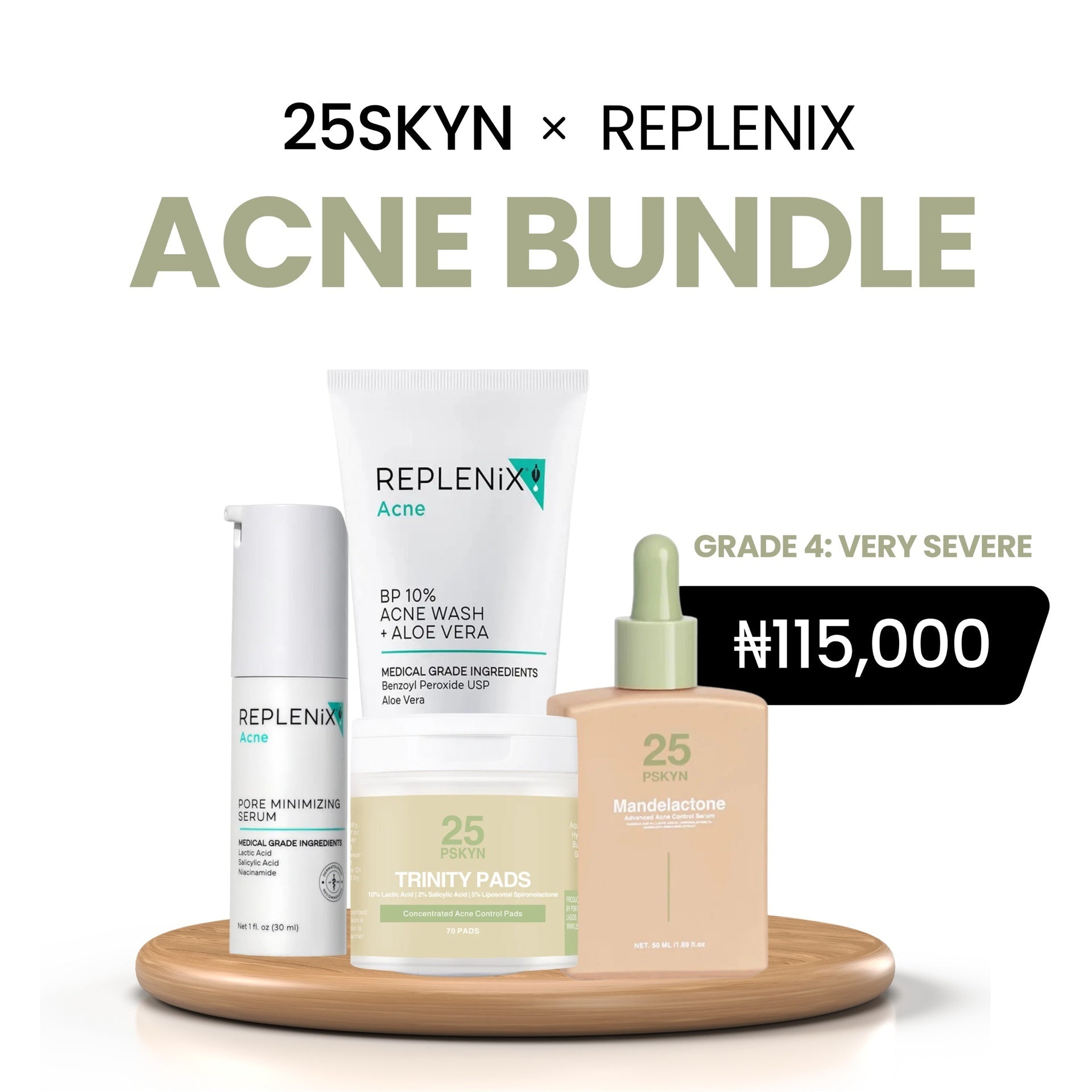 Acne Clearing Bundle – Replenix Acne Pore Minimizing Serum, Replenix Acne BP 10% Acne Wash + Aloe Vera, 25pskyn Trinity Pads, 25 pskyn Mandactone