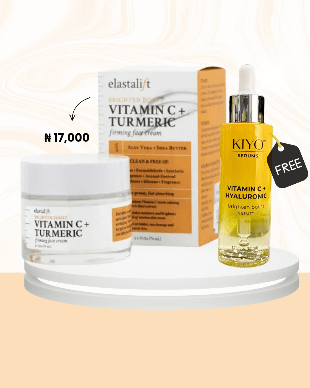 BUY Elastalift Brightening Boost Vitamin C + Turmeric Firming Face Cream 52ml AND GET Kiyo Vitamin C + Hyaluronic Brighten Boost Serum 50ml FREE
