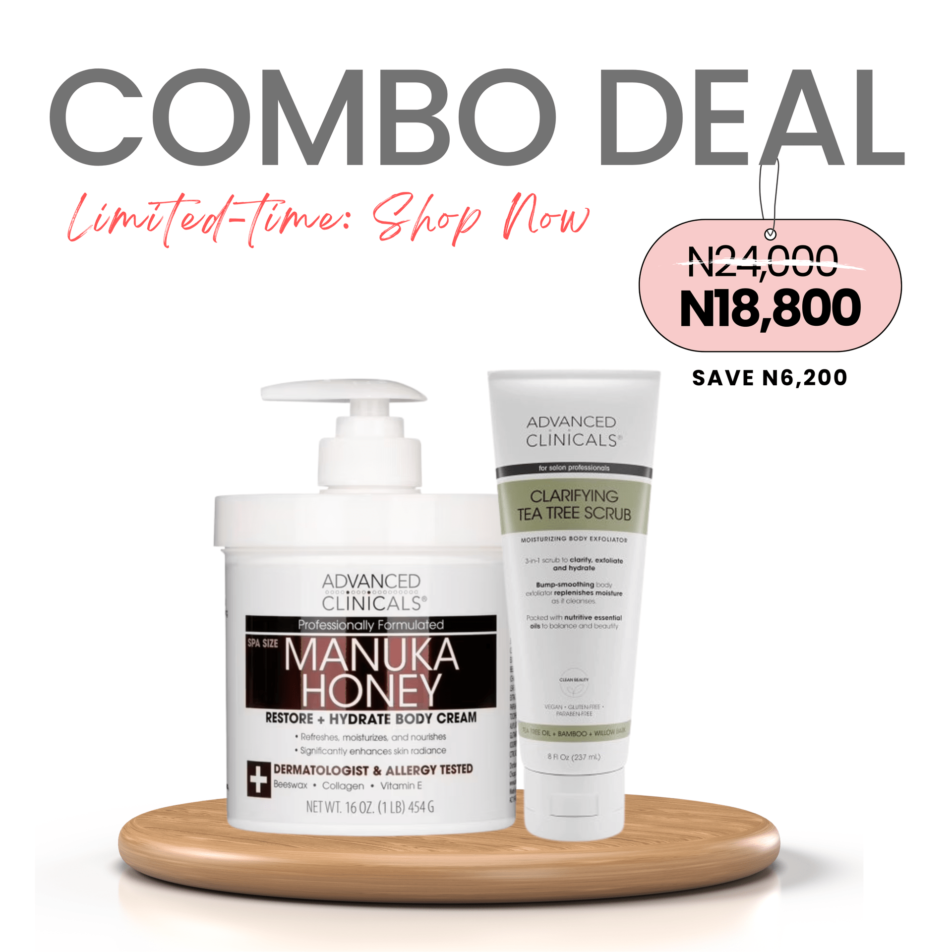 COMBO: Advanced Clinicals Manuka Honey Restore + Hydrate Body Cream 454g & Advanced Clinicals Clarifying Tea Tree Scrub - 237ml (Detox & Repair Duo)