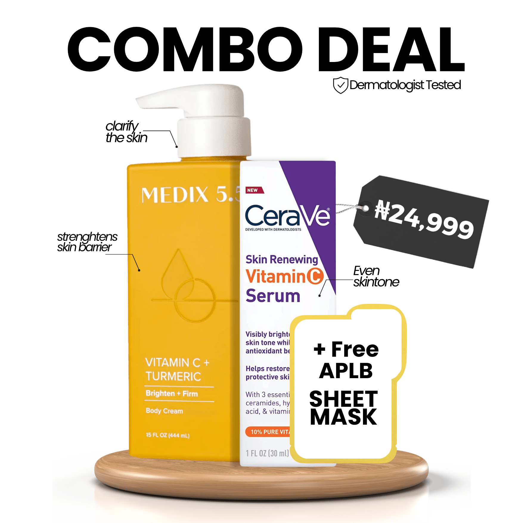 COMBO DEAL: Medix 5.5 Vitamin C + Turmeric Brighten Body Cream 444ml + CeraVe Skin Renewing Vitamin C Serum 30ml + Free APLB Sheet Mask