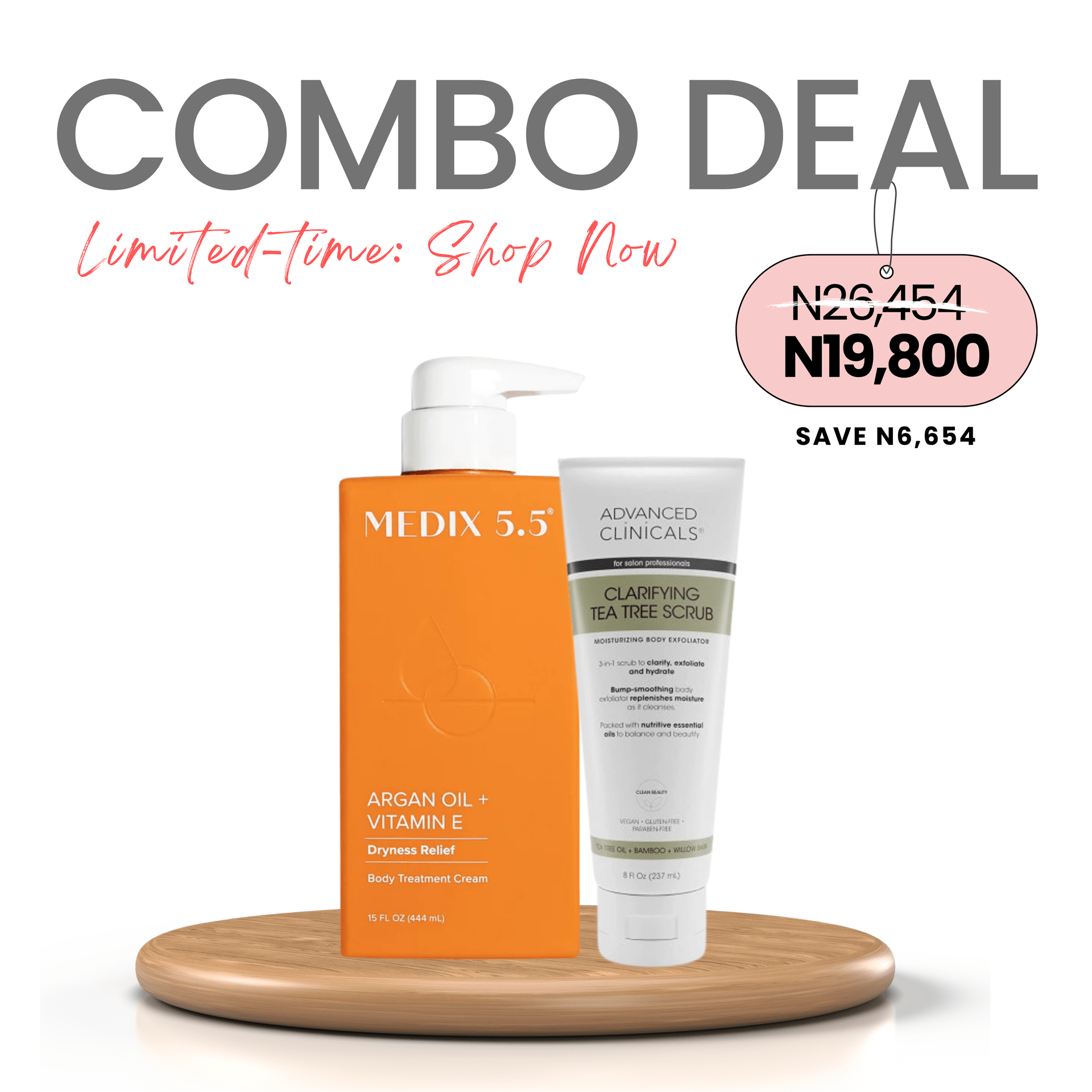 COMBO: Medix 5.5 Argan Oil + Vitamin E Body Treatment Cream - 444ml & Advanced Clinicals Clarifying Tea Tree Scrub - 237ml (Soothe & Smooth)