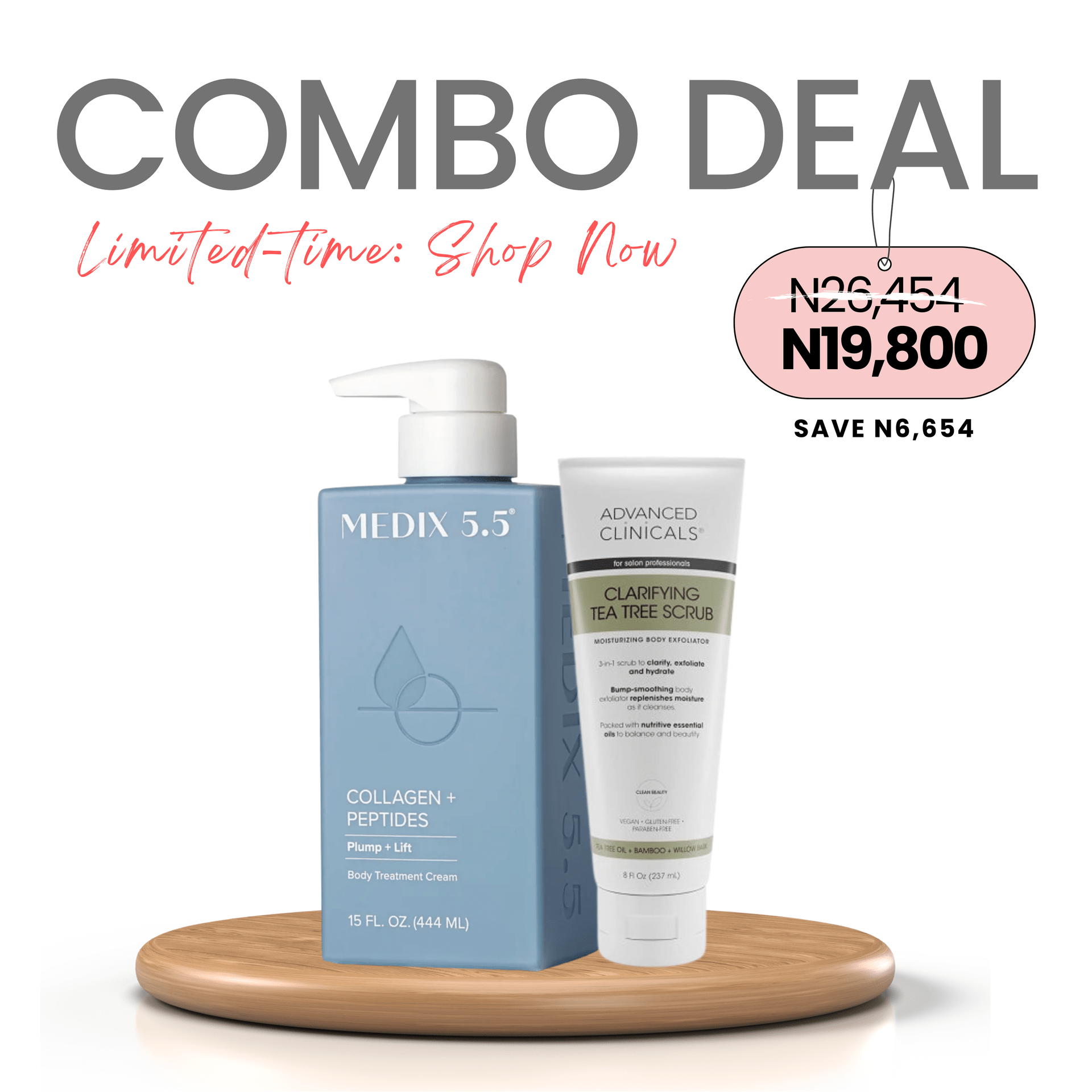 COMBO: Medix 5.5 Collagen + Peptides Cream - 444ml + Advanced Clinicals Clarifying Tea Tree Scrub - 237ml (Firm & Flawless Duo)