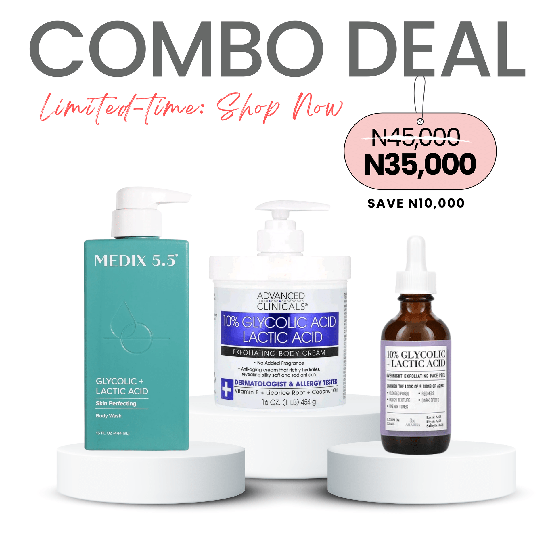 COMBO: Medix 5.5 Glycolic Acid + Lactic Acid Exfoliating Body Wash - 444ml & Advanced Clinicals Clarifying Tea Tree Scrub - 237ml & Medix 5.5 10% Glycolic + Lactic Acid Overnight Exfoliating Face Peel - 52ml (The AHA Trio)