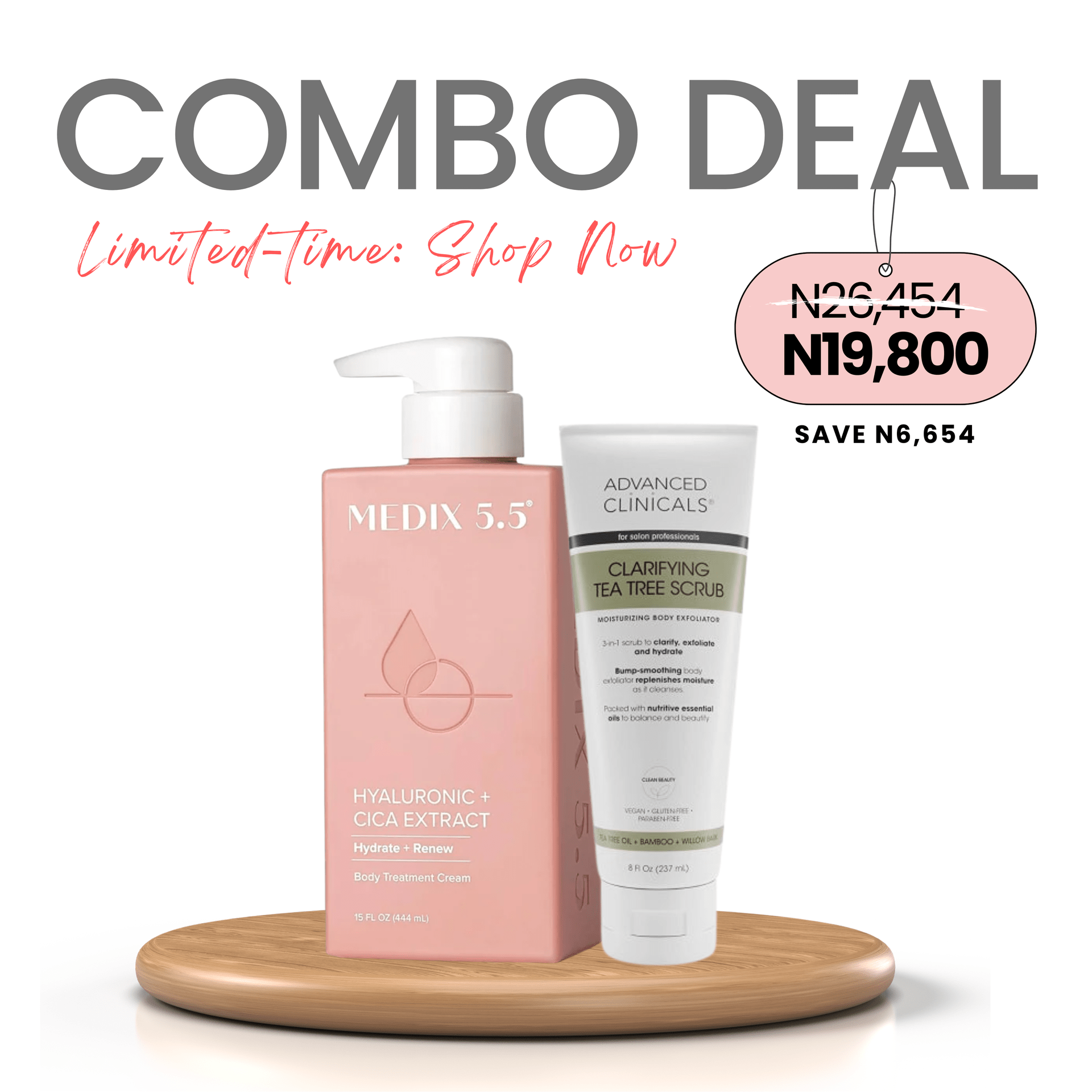 COMBO: Medix 5.5 Hyaluronic Acid + Cica Extract Body Lotion - 444ml & Advanced Clinicals Clarifying Tea Tree Scrub - 237ml (Deep Hydration Recovery Duo)