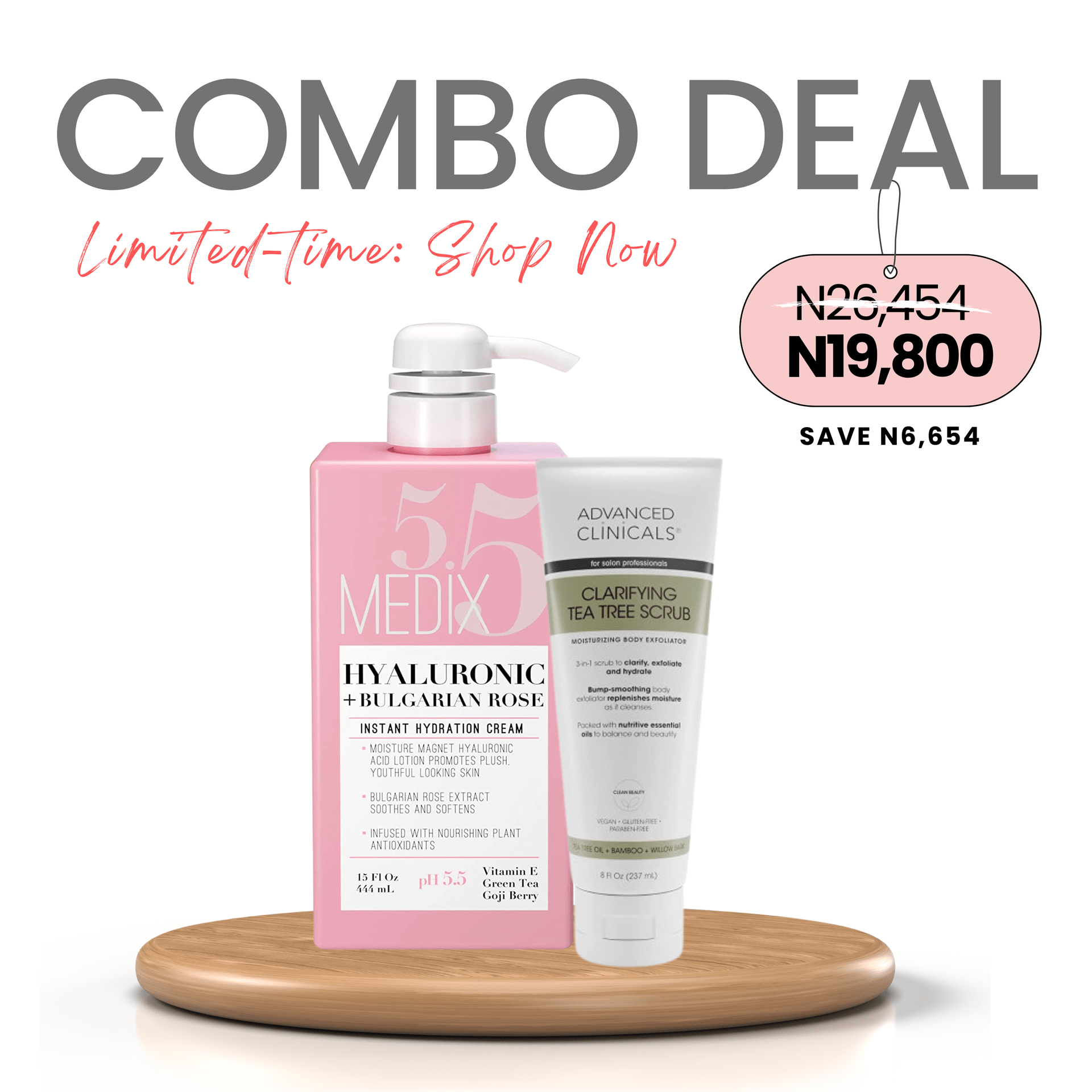 COMBO: Medix 5.5 Hyaluronic + Bulgarian Rose Cream & Advanced Clinicals Clarifying Tea Tree Scrub - 237ml (Deep Clean & Dewy Glow Duo)
