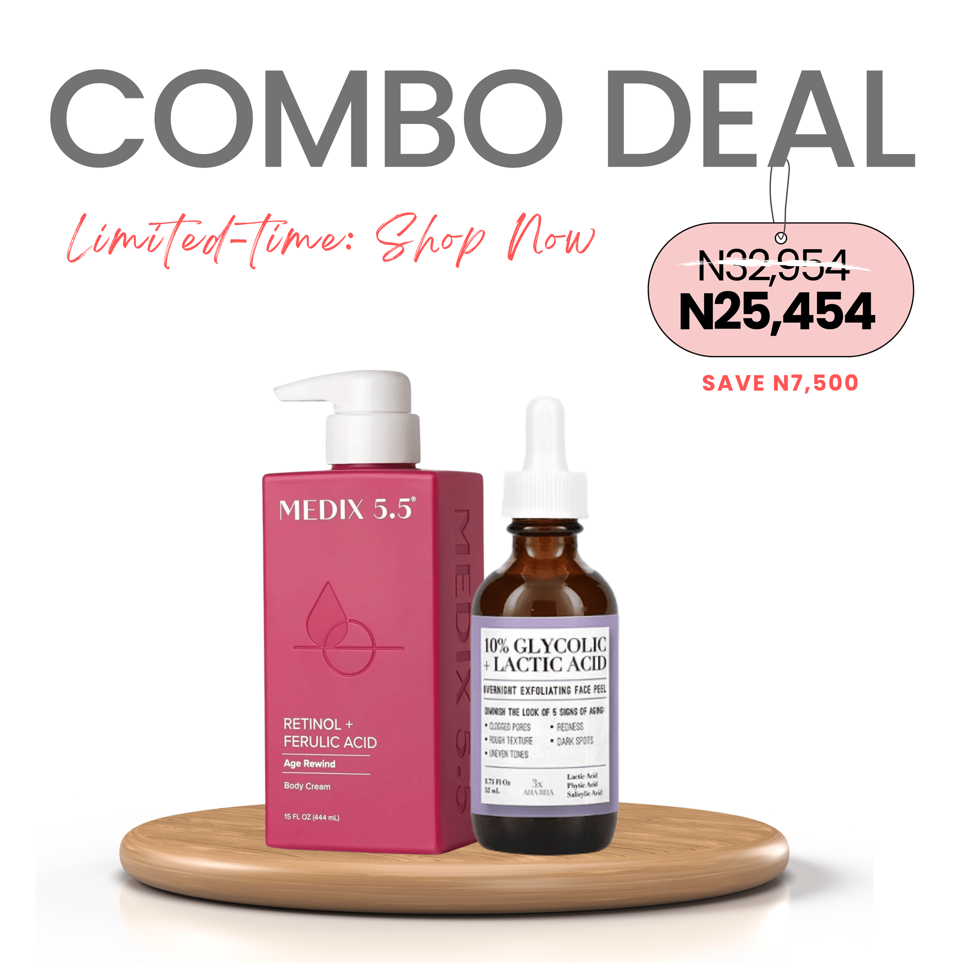 COMBO: Medix 5.5 Retinol + Ferulic Acid 444ml + Medix 5.5 10% Glycolic + Lactic Acid Overnight Exfoliating Face Peel 52ml