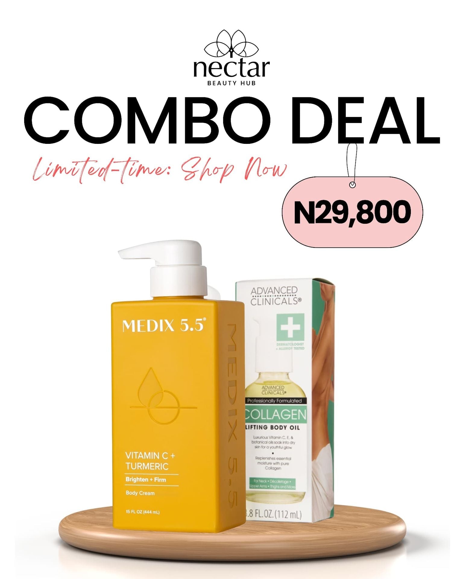 COMBO: Medix 5.5 Vitamin C + Turmeric Firming + Brightening Cream - 444ml + Advanced Clinicals Collagen Lifting Body Oil - 53ml