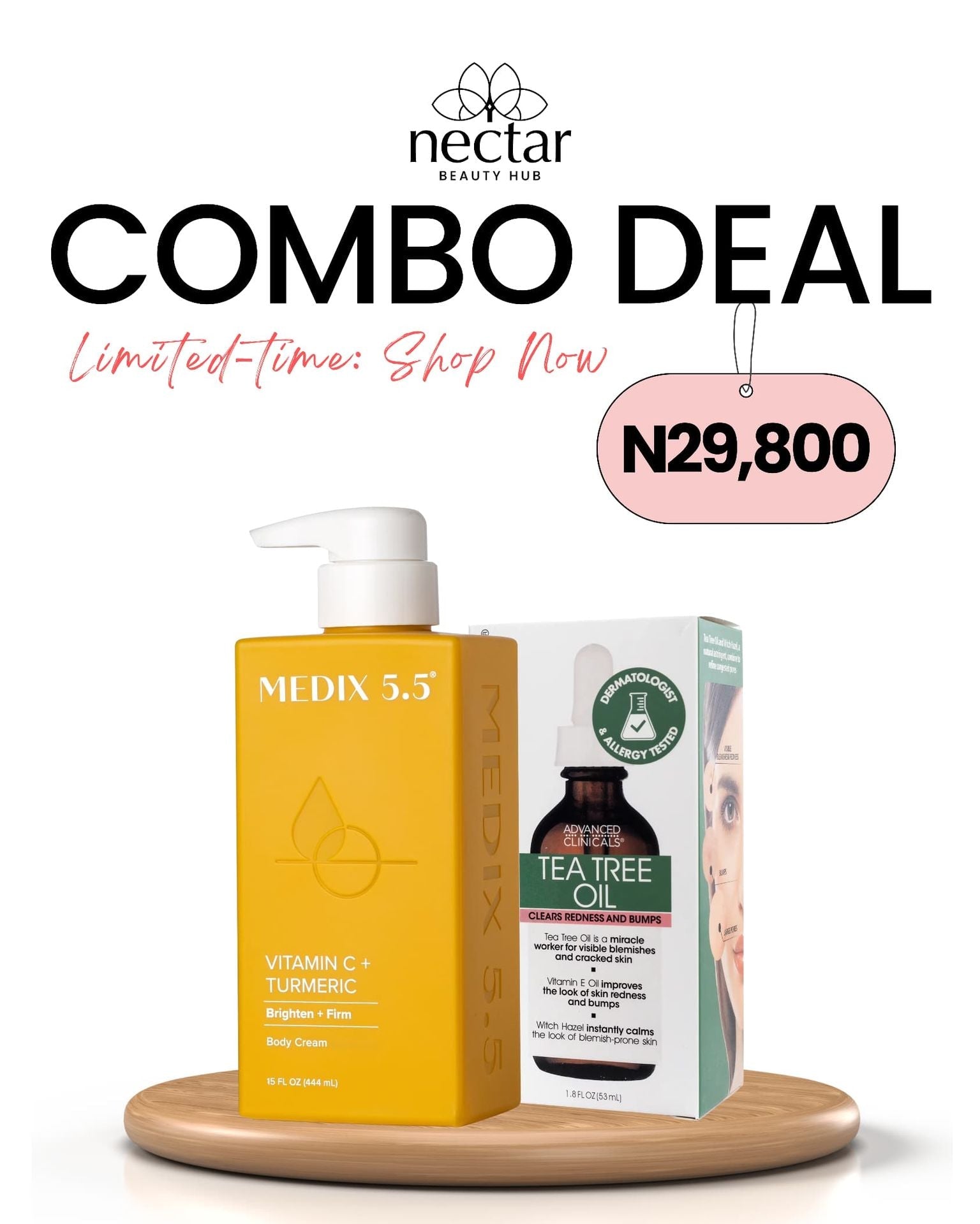 COMBO: Medix 5.5 Vitamin C + Turmeric Firming + Brightening Cream - 444ml + Advanced Clinicals Tea Tree Oil - 53ml