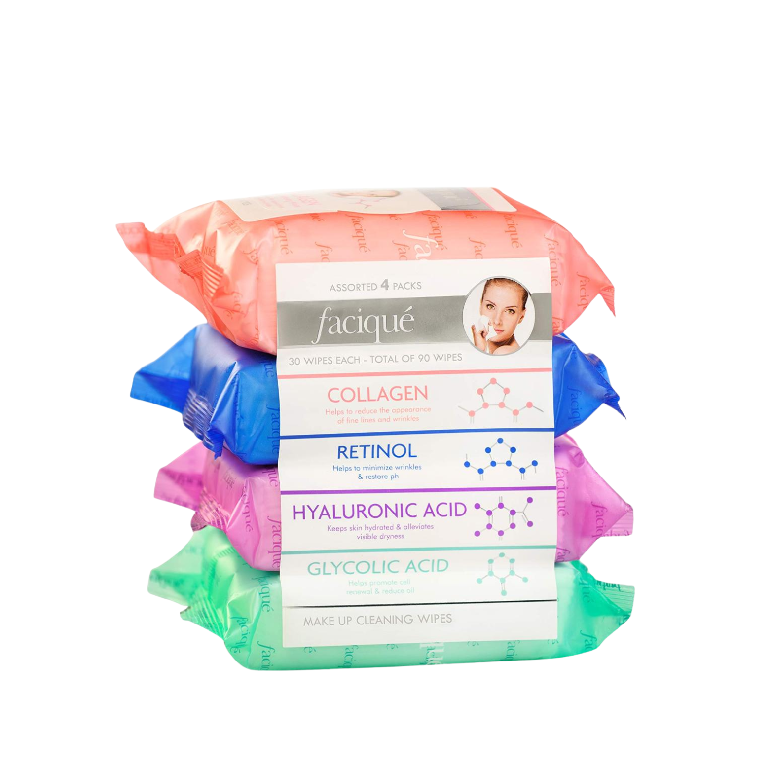 Facique Assorted Makeup Cleansing Wipes (Collagen, Retinol, Hyaluronic Acid, Glycolic Acid) - 4-Pack (120 Wipes Total)