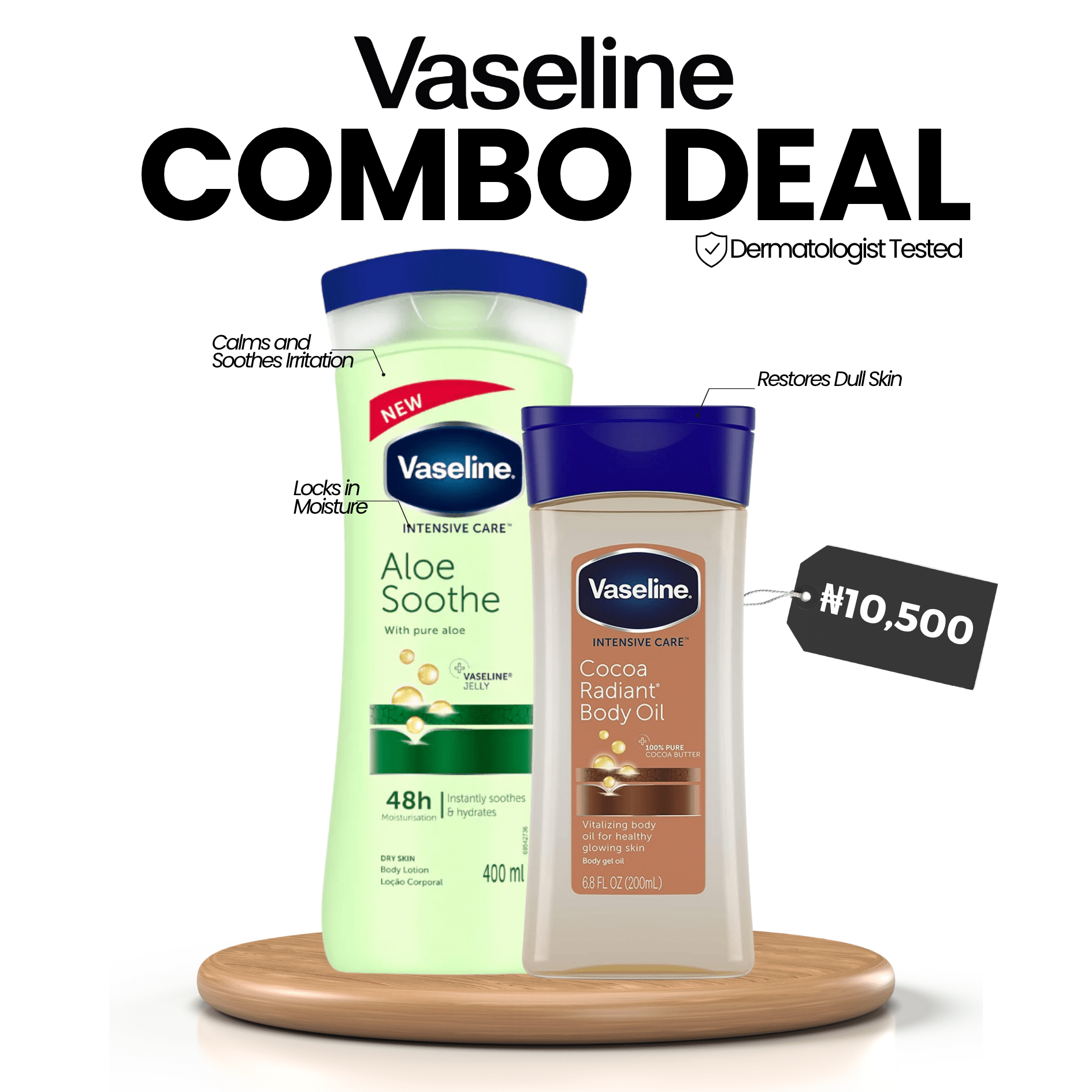 VASELINE COMBO DEAL: Vaseline Aloe Soothe Body Lotion 400ml + Cocoa Radiant Body Gel Oil 200ml