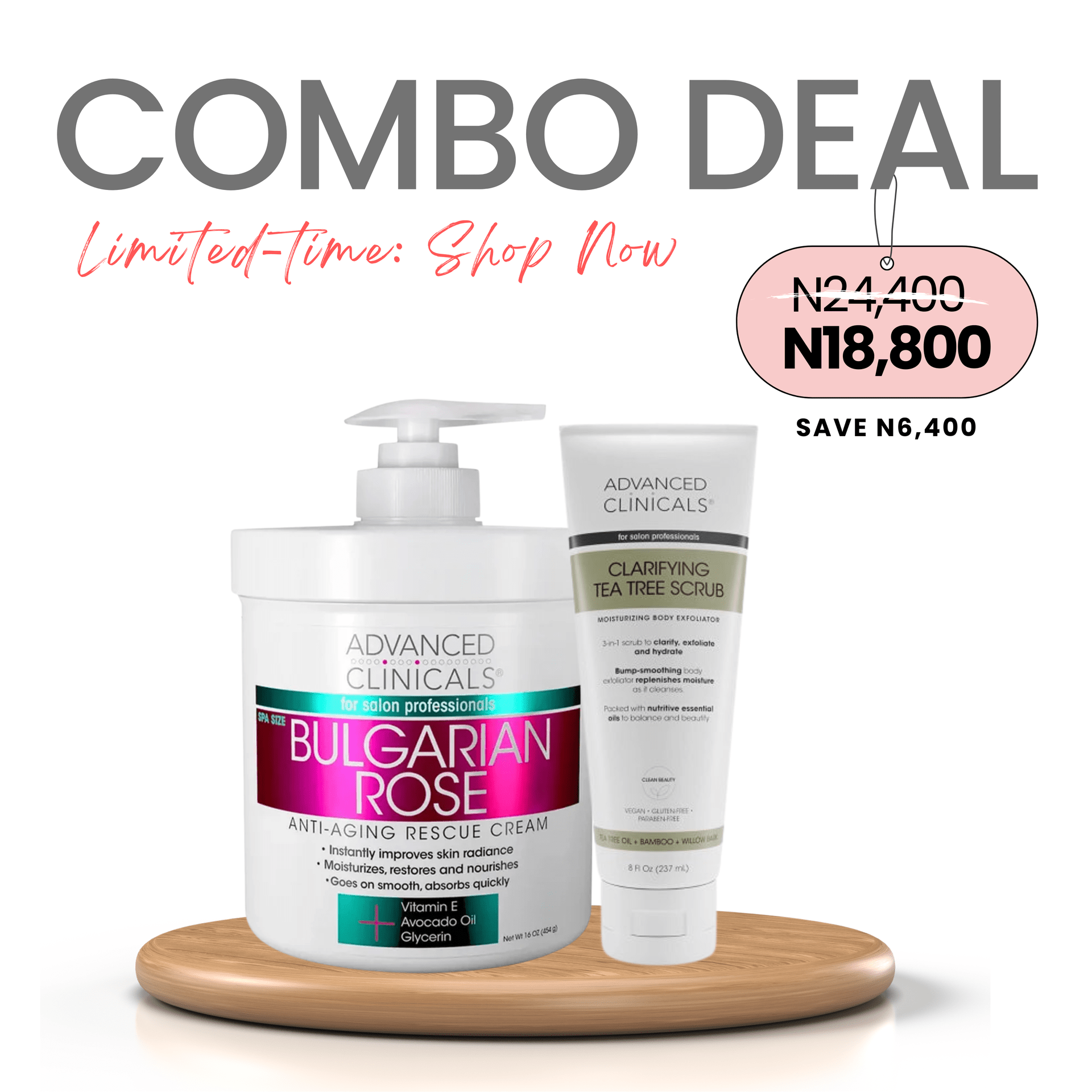 COMBO: Advanced Clinicals Bulgarian Rose Anti - Aging Rescue Cream 454g + Advanced Clinicals Clarifying Tea Tree Scrub - 237ml (Clear & Calm Duo)