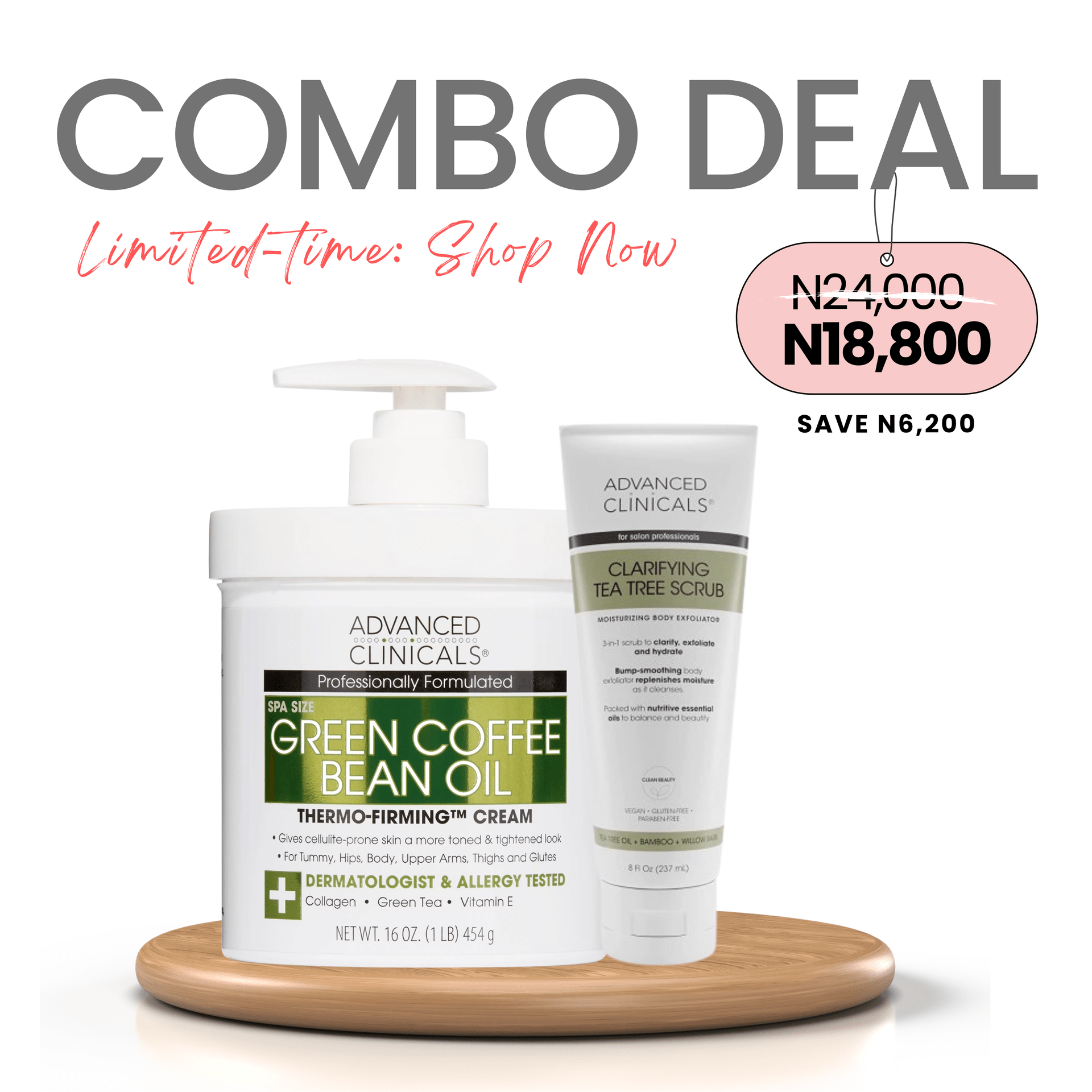 COMBO: Advanced Clinicals Green Coffee Bean Oil Thermo - Firming Cream 454g + Advanced Clinicals Clarifying Tea Tree Scrub - 237ml (Smooth & Sculpt Duo)