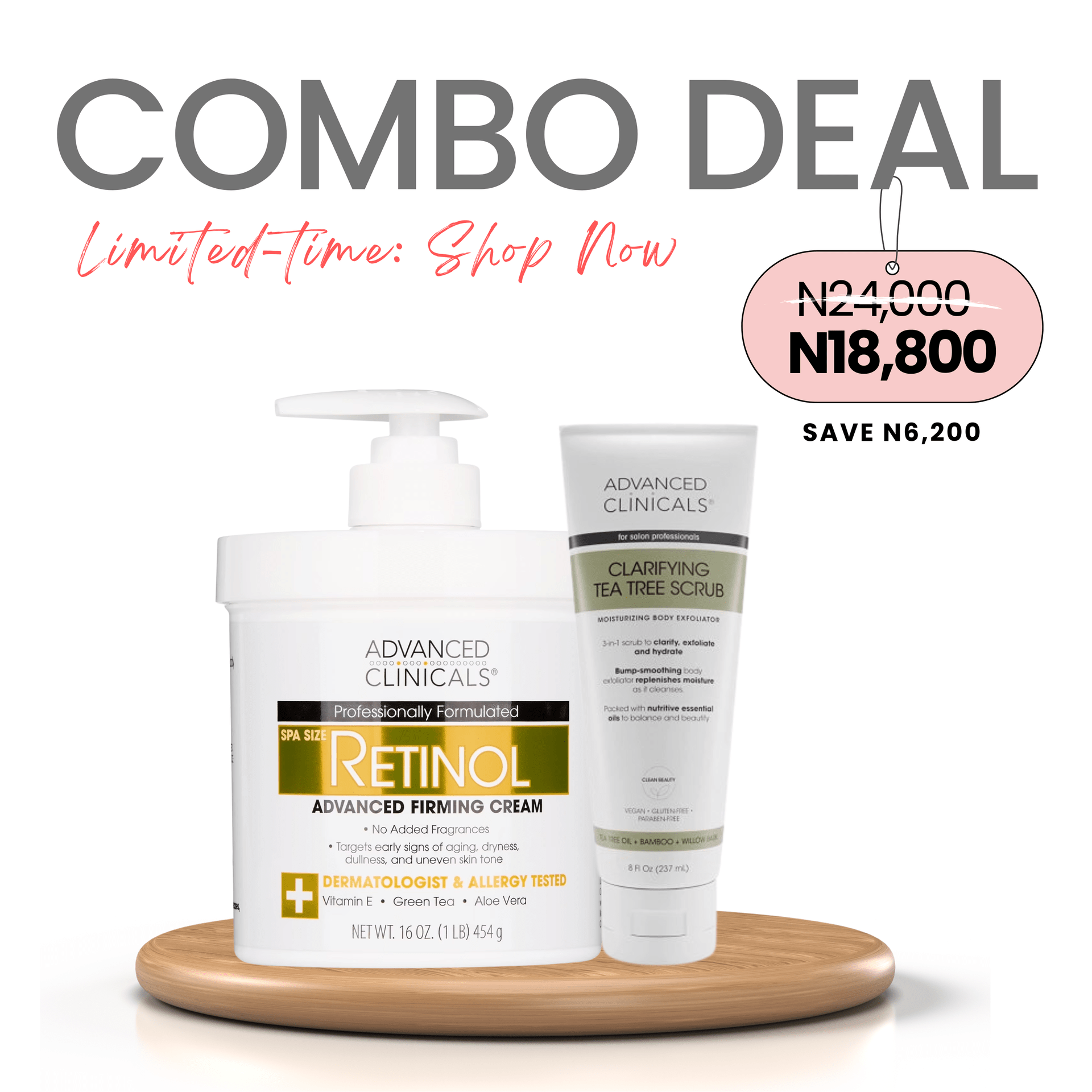 COMBO: Advanced Clinicals Retinol Advanced Firming Cream 454g + Advanced Clinicals Clarifying Tea Tree Scrub - 237ml (Resurface & Renew Duo)
