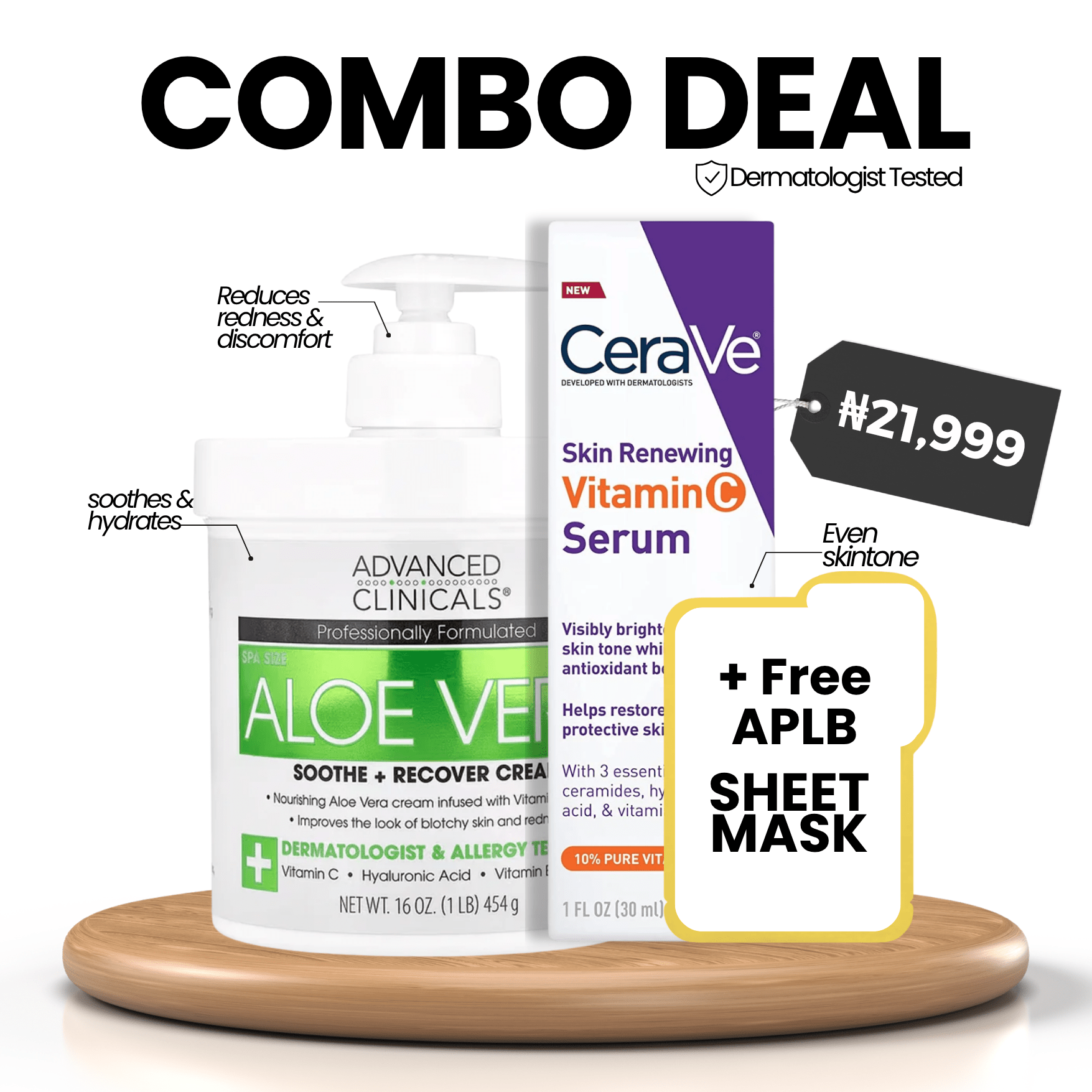 COMBO DEAL: Advanced Clinicals Aloe Vera Soothing Hydrating Cream 454g + CeraVe Skin Renewing Vitamin C Serum 30ml + Free APLB Sheet Mask