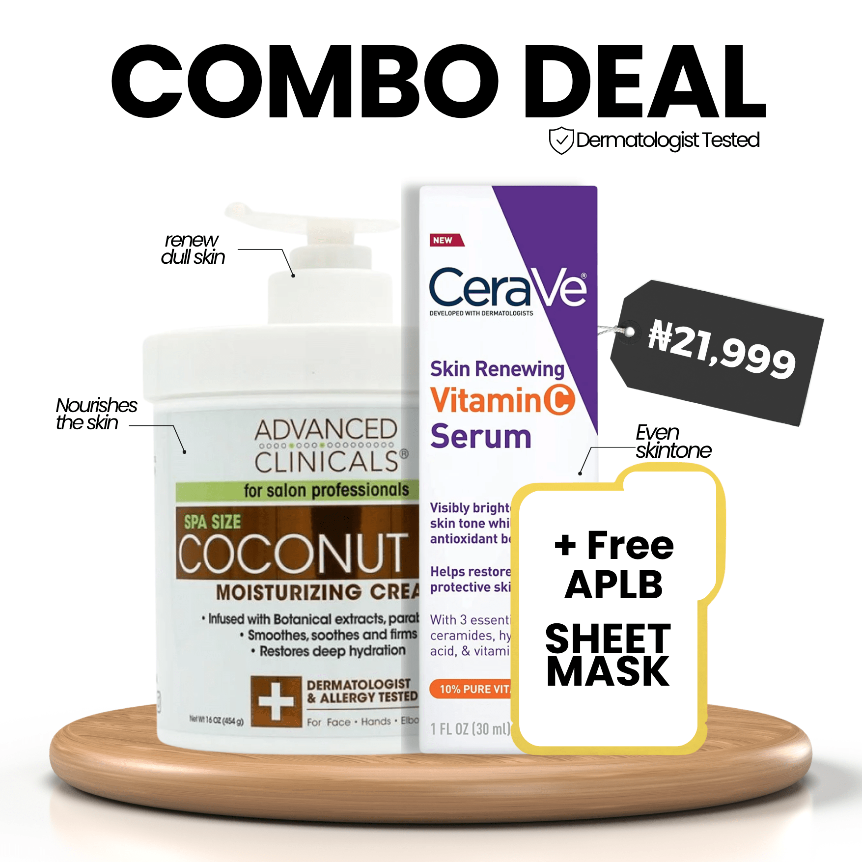 COMBO DEAL: Advanced Clinicals Coconut Oil Moisturizing Cream 454g + CeraVe Skin Renewing Vitamin C Serum 30ml + Free Surprise APLB Sheet Mask
