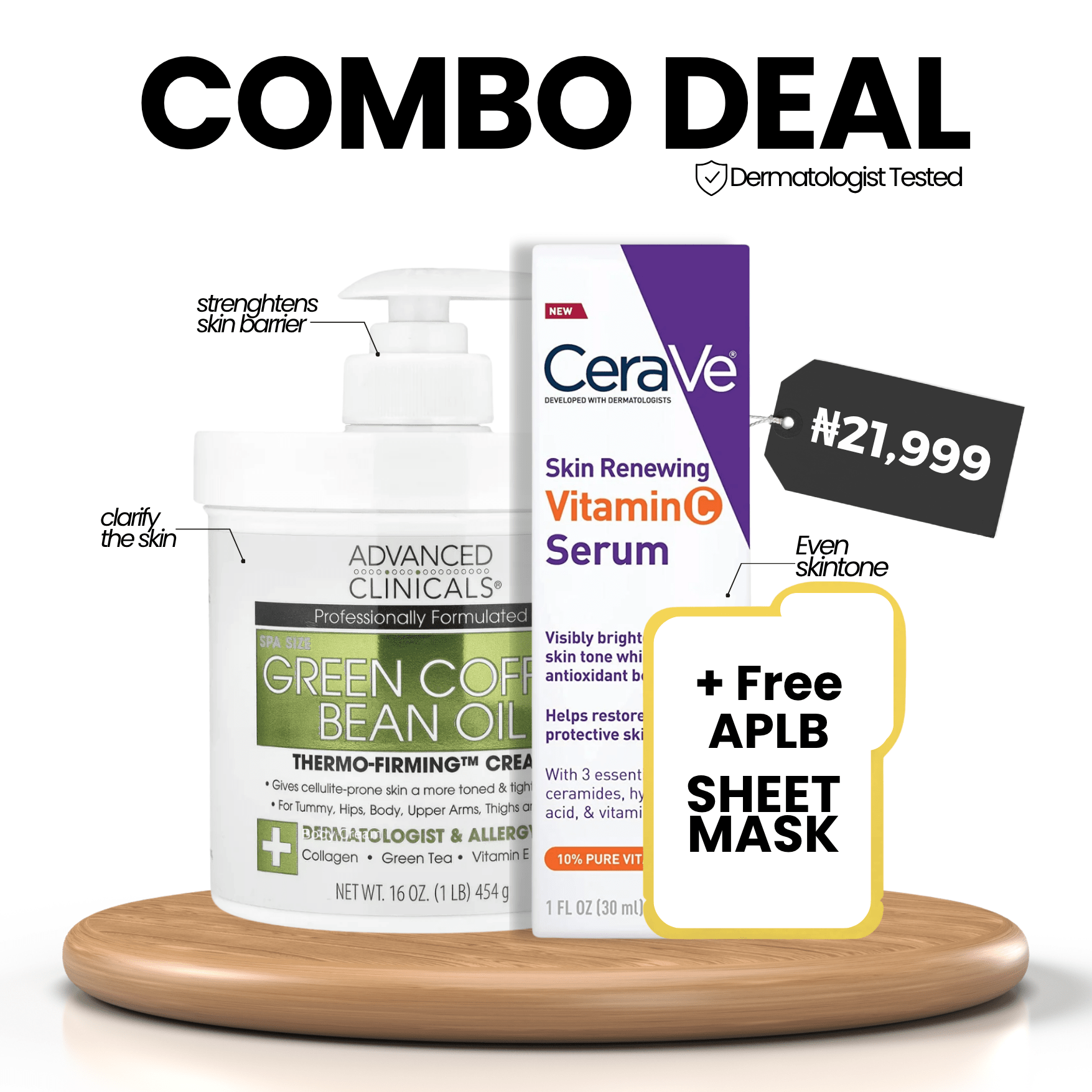 COMBO DEAL: Advanced Clinicals Green Coffee Bean Firming Oil Thermo - Firming Cream 454g + CeraVe Skin Renewing Vitamin C Serum 30ml + Free APLB Sheet Mask