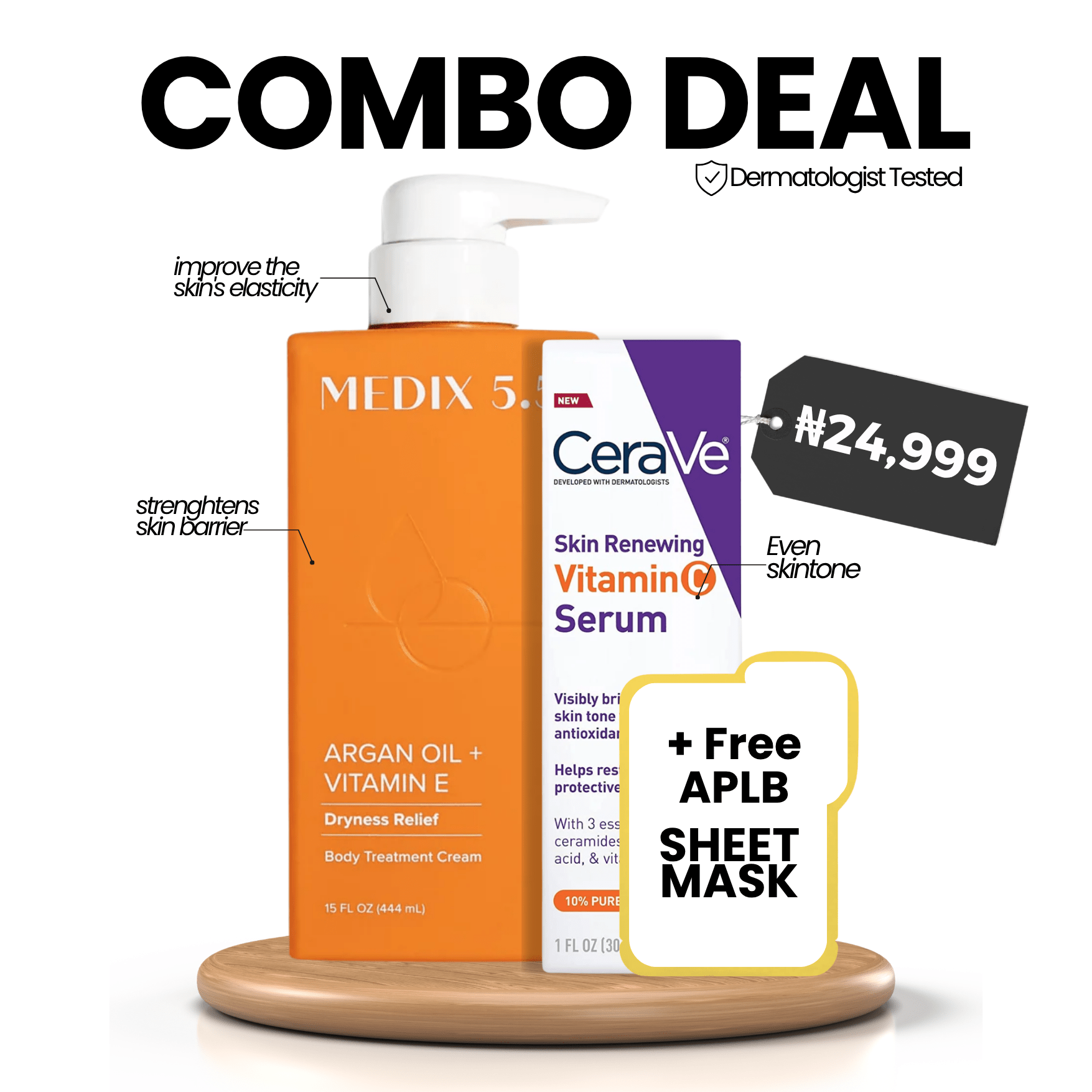 COMBO DEAL: (Medix 5.5 Argan Oil + Vitamin E Body Cream 444ml + CeraVe Skin Renewing Vitamin C Serum 30ml + Free APLB Sheet Mask