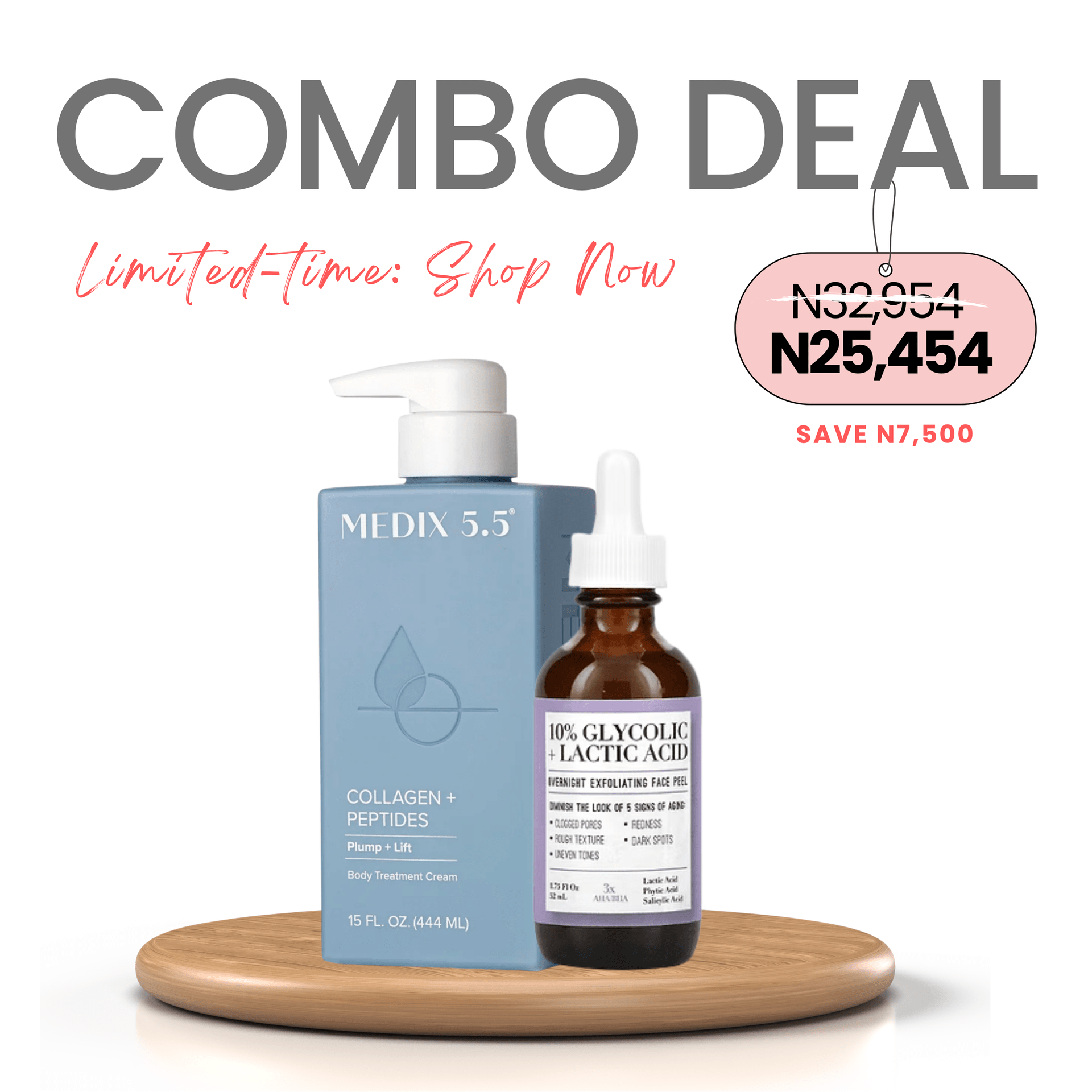 COMBO: Medix 5.5 Collagen +Peptides Age Control Moisturizer 444ml + Medix 5.5 10% Glycolic + Lactic Acid Overnight Exfoliating Face Peel 52ml