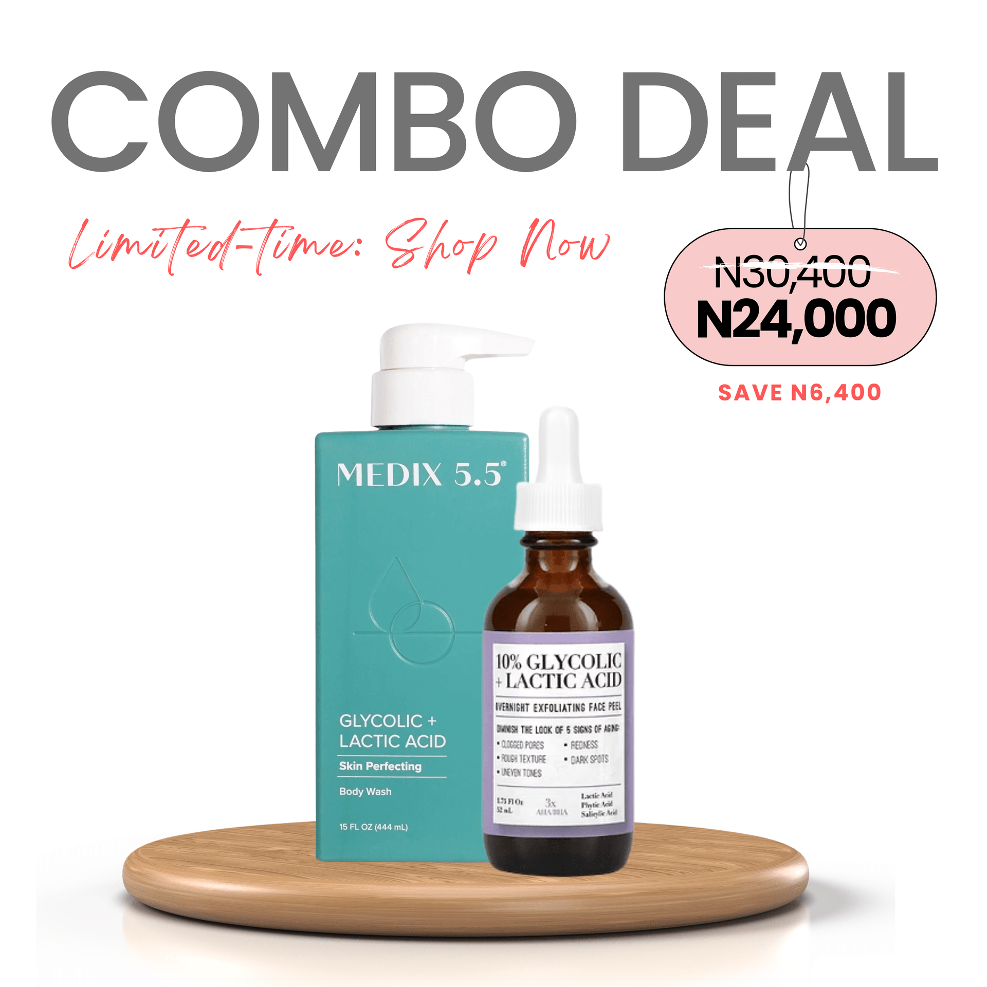 COMBO: Medix 5.5 Glycolic Acid + Lactic Acid Exfoliating Body Wash - 444ml + Medix 5.5 10% Glycolic + Lactic Acid Overnight Exfoliating Face Peel 52ml