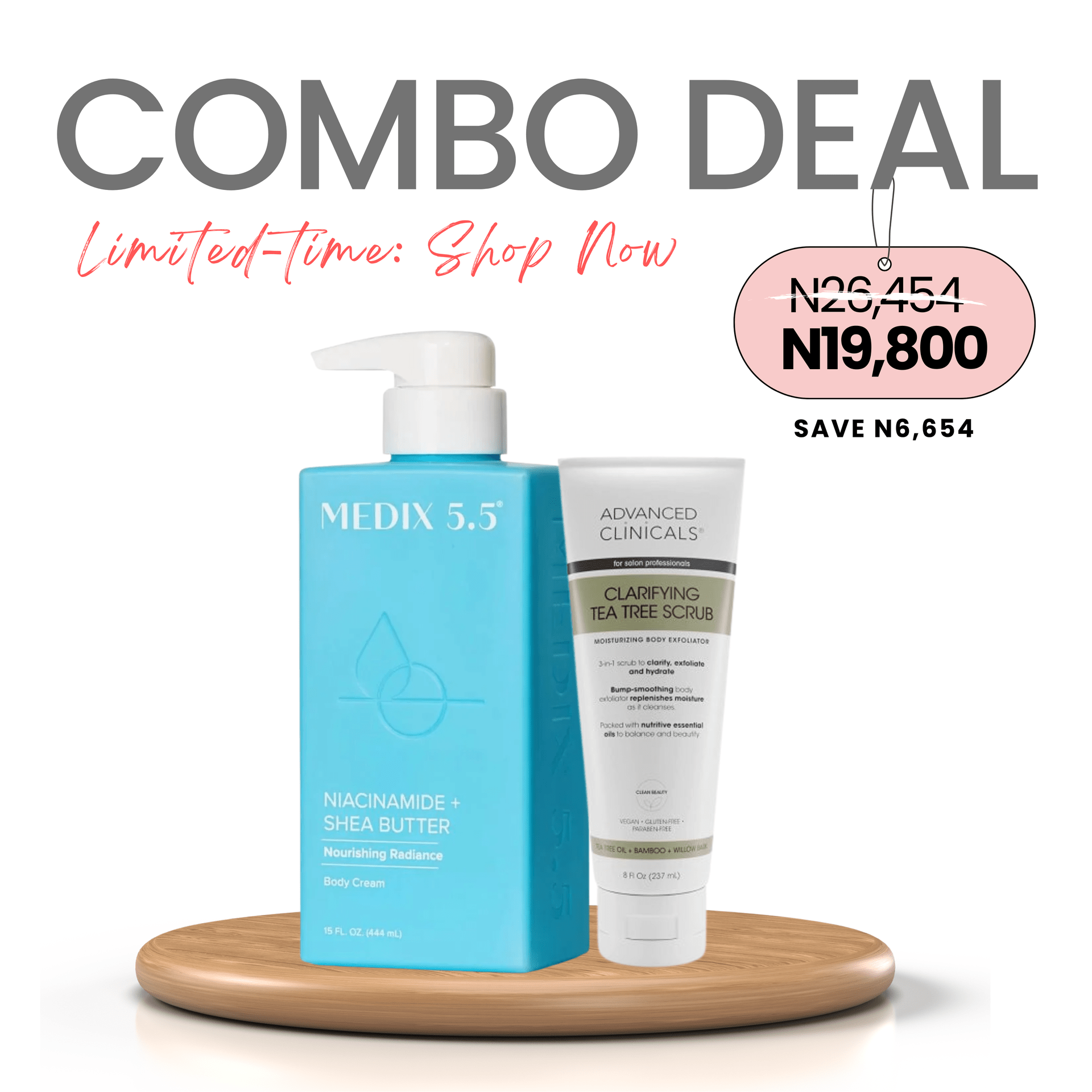 COMBO: Medix 5.5 Niacinamide + Shea Butter Body Cream - 444ml & Advanced Clinicals Clarifying Tea Tree Scrub - 237ml (Refine & Replenish Duo)