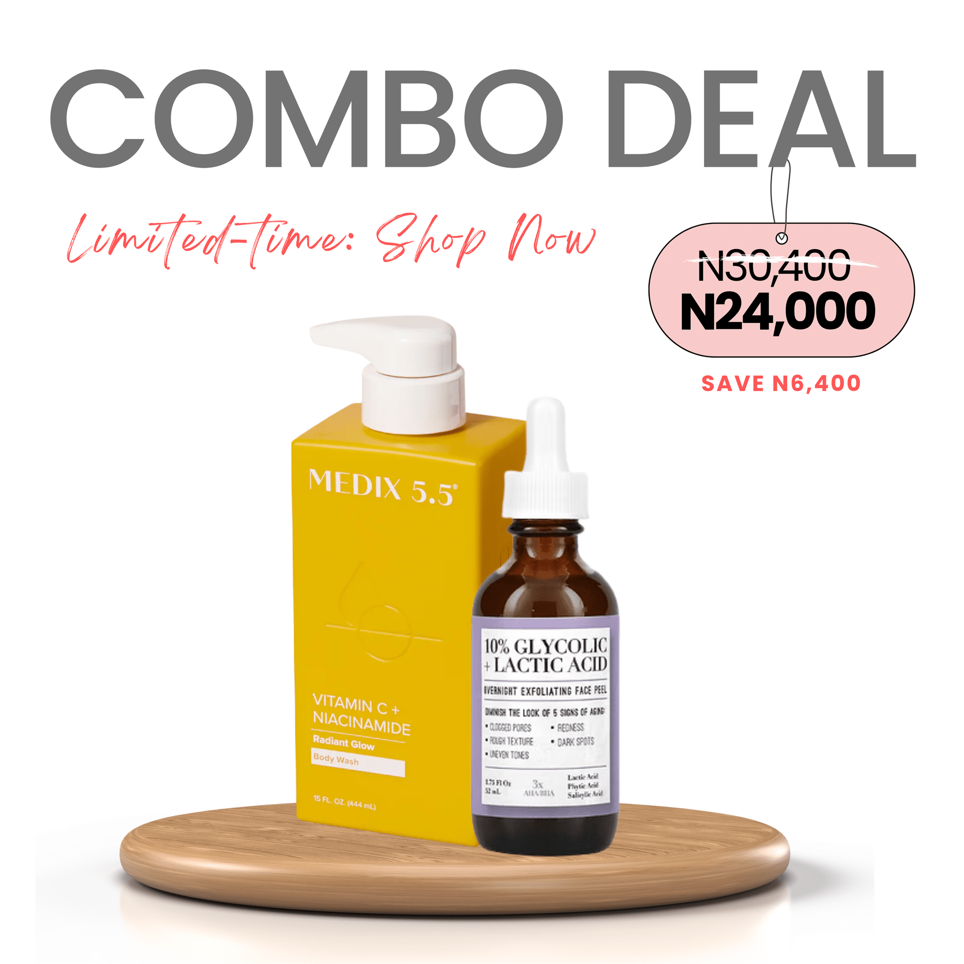 COMBO: Medix 5.5 Vitamin C & Niacinamide Body Wash 444ml + Medix 5.5 10% Glycolic + Lactic Acid Overnight Exfoliating Face Peel 52ml