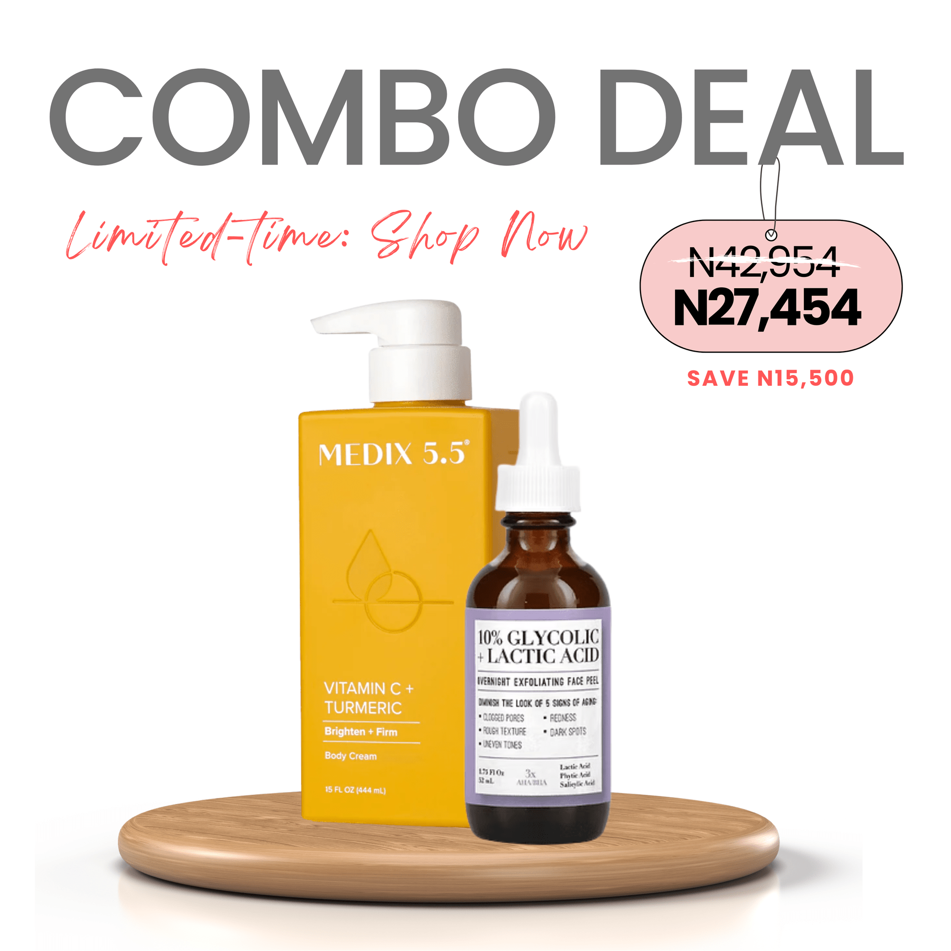 COMBO: Medix 5.5 Vitamin C + Turmeric Firming + Brightening Cream - 444ml + Medix 5.5 10% Glycolic + Lactic Acid Overnight Exfoliating Face Peel 52ml