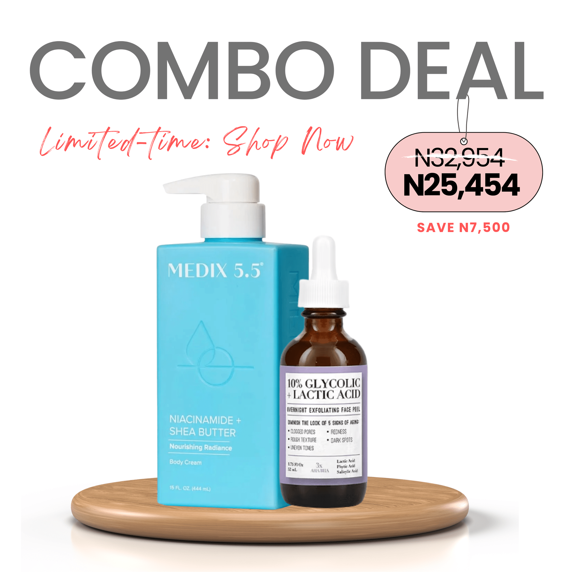 COMBO: Medix Niacinamide + Shea Butter Body Cream 444ml + Medix 5.5 10% Glycolic + Lactic Acid Overnight Exfoliating Face Peel 52ml