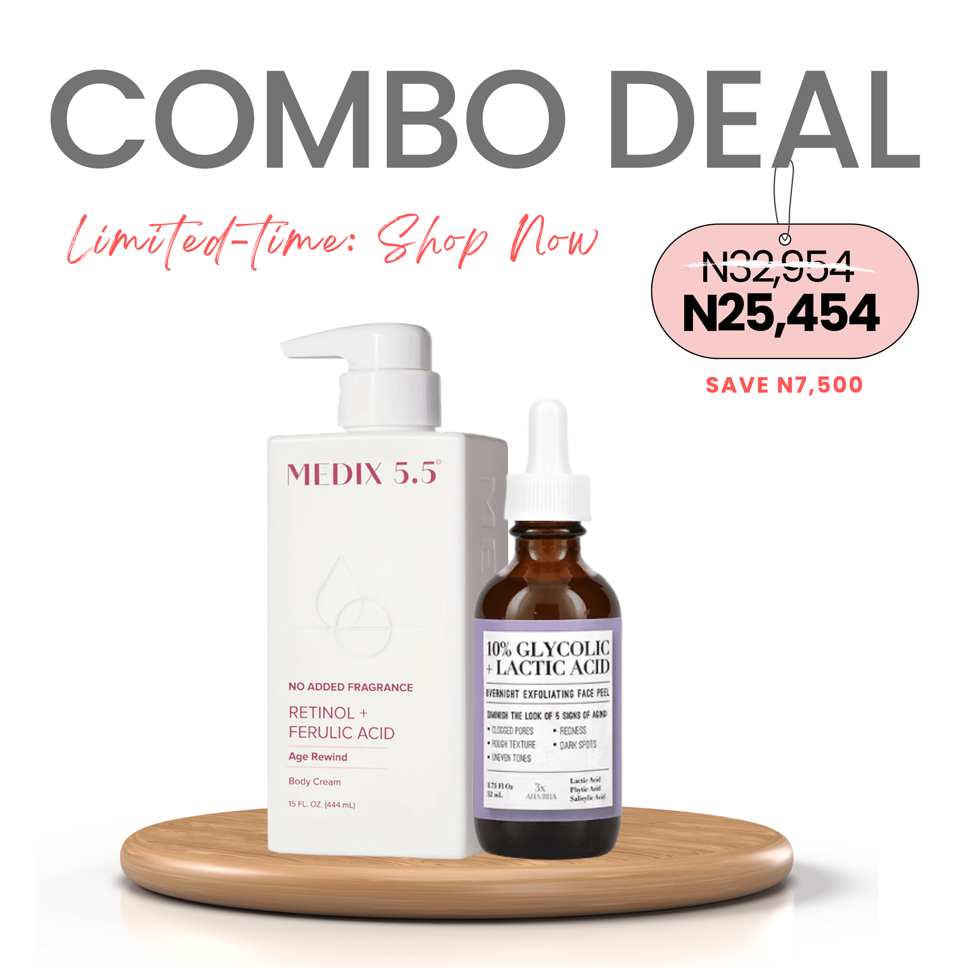 COMBO: Medix Retinol & Ferulic Acid No Frangrance Body Cream 444ml + Medix 5.5 10% Glycolic + Lactic Acid Overnight Exfoliating Face Peel 52ml