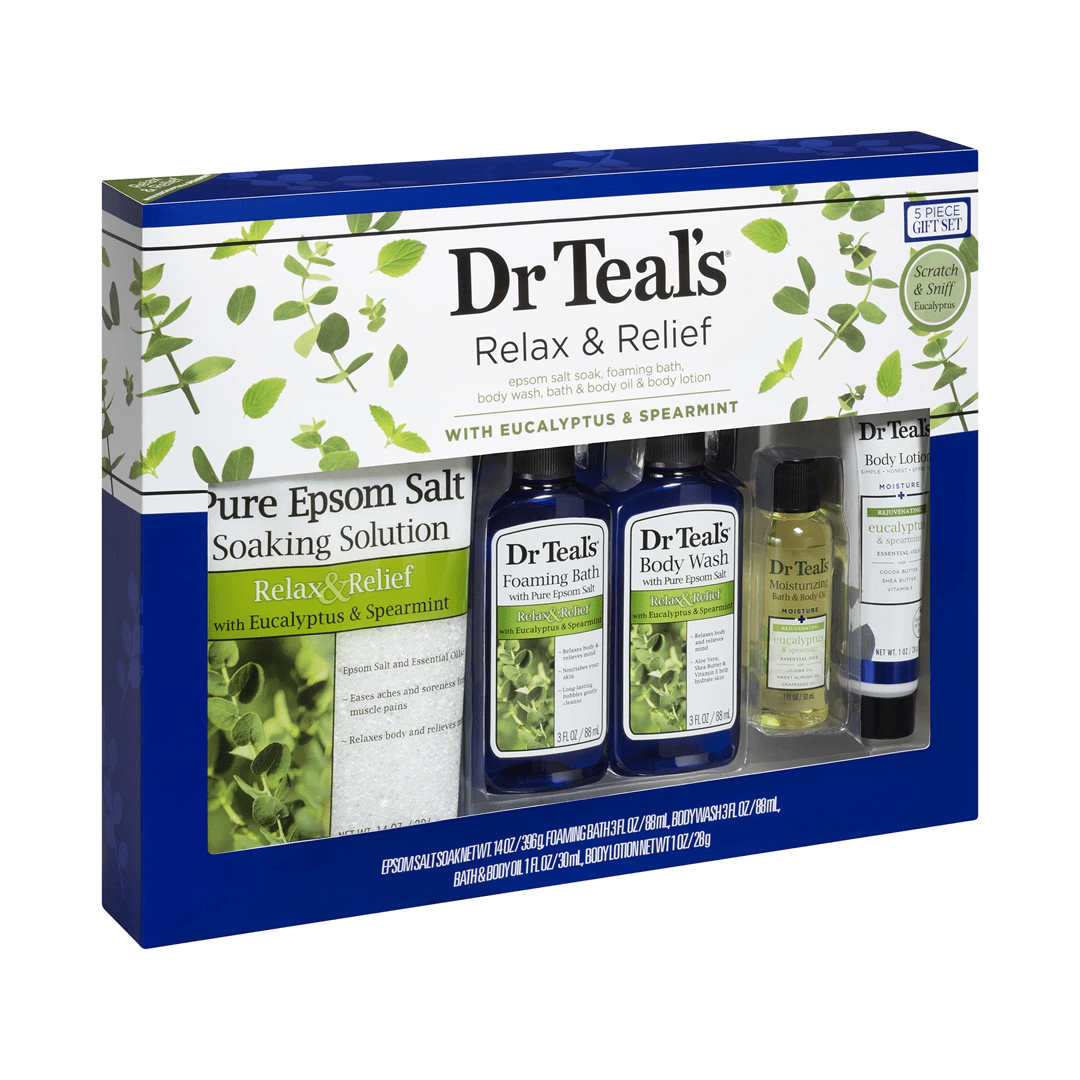 Dr Teal's Relax & Relief Epsom salt soak, foaming bath, body wash, bath & body oil & body lotion with Eucalyptus & Spearmint