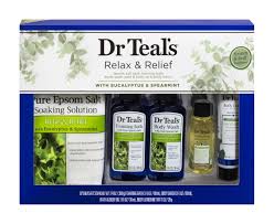 Dr Teal's Relax & Relief Epsom salt soak, foaming bath, body wash, bath & body oil & body lotion with Eucalyptus & Spearmint