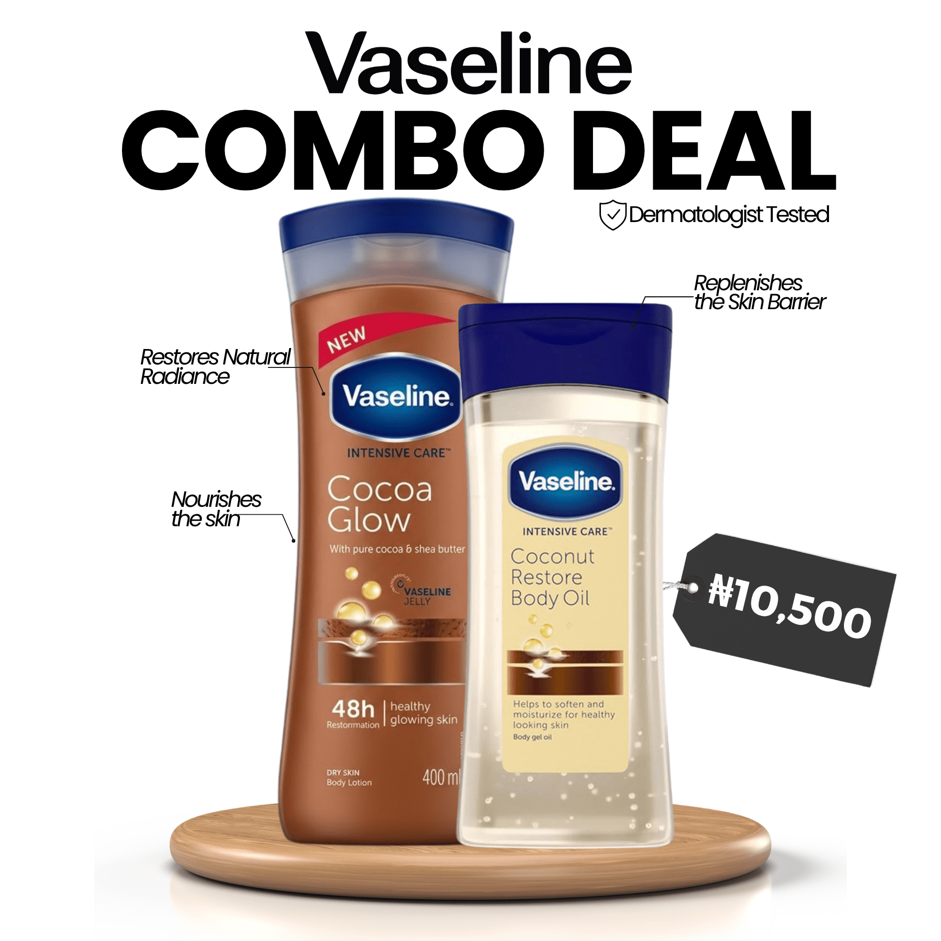 VASELINE COMBO DEAL: Vaseline Cocoa Glow Body Lotion 400ml + Coconut Restore Body Oil 200ml