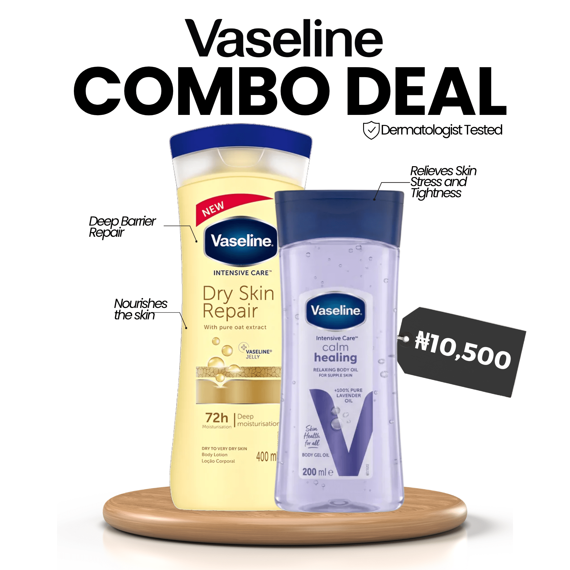VASELINE COMBO DEAL: Vaseline Dry Skin Repair Lotion 400ml + Calm Healing Relaxing Body Oil 200ml