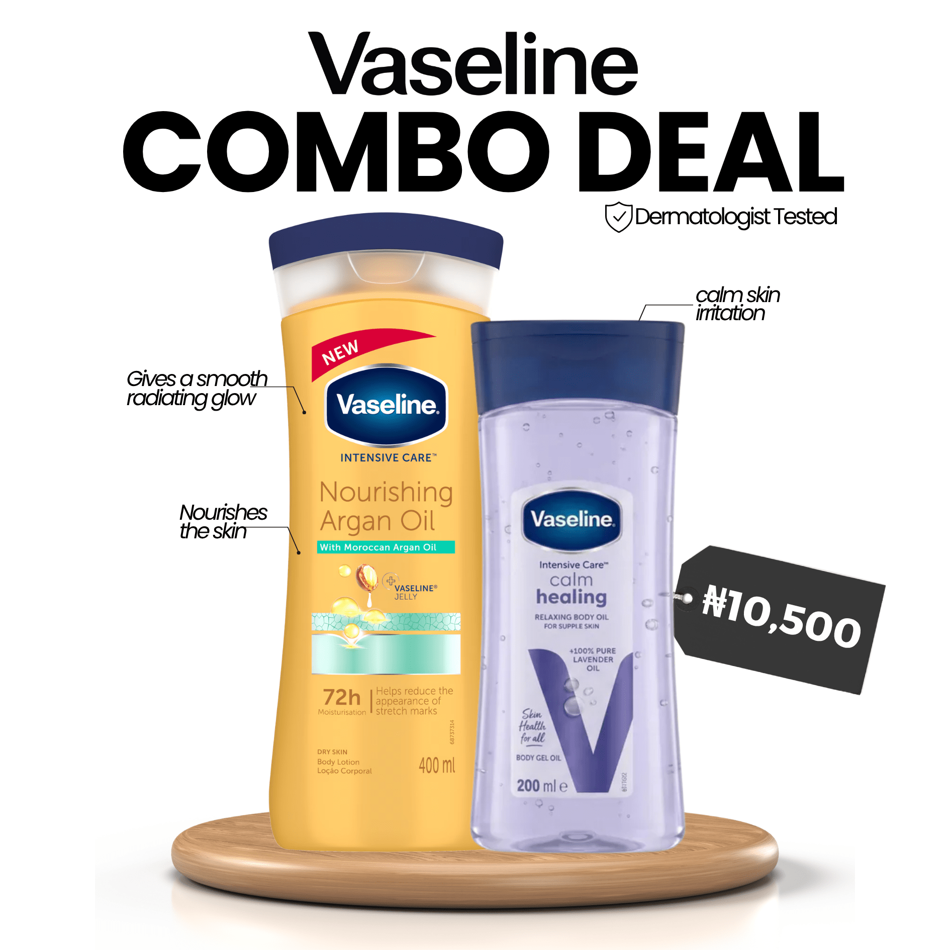 VASELINE COMBO DEAL: Vaseline Nourishing Argan Oil Lotion 400ml + Calm Healing Relaxing Body Oil 200ml