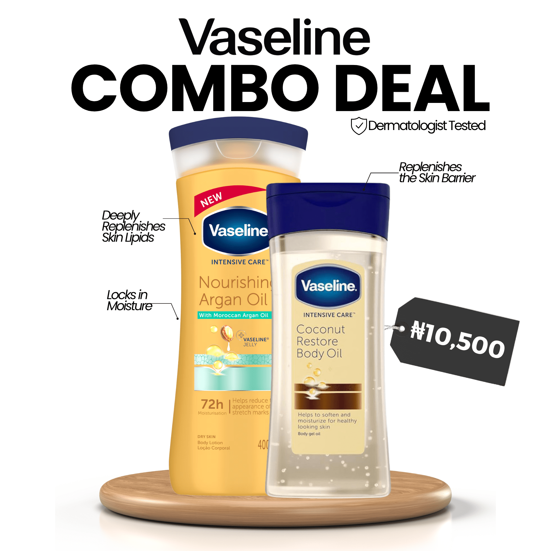 VASELINE COMBO DEAL: Vaseline Nourishing Argan Oil Lotion 400ml + Coconut Radiant Restore Body Oil 200ml